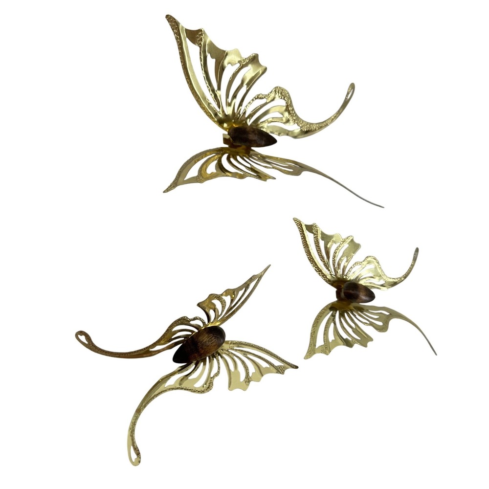Vintage Brass Butterfly Wall Decor Set of 3 Mid Century Modern Gold Metal Art